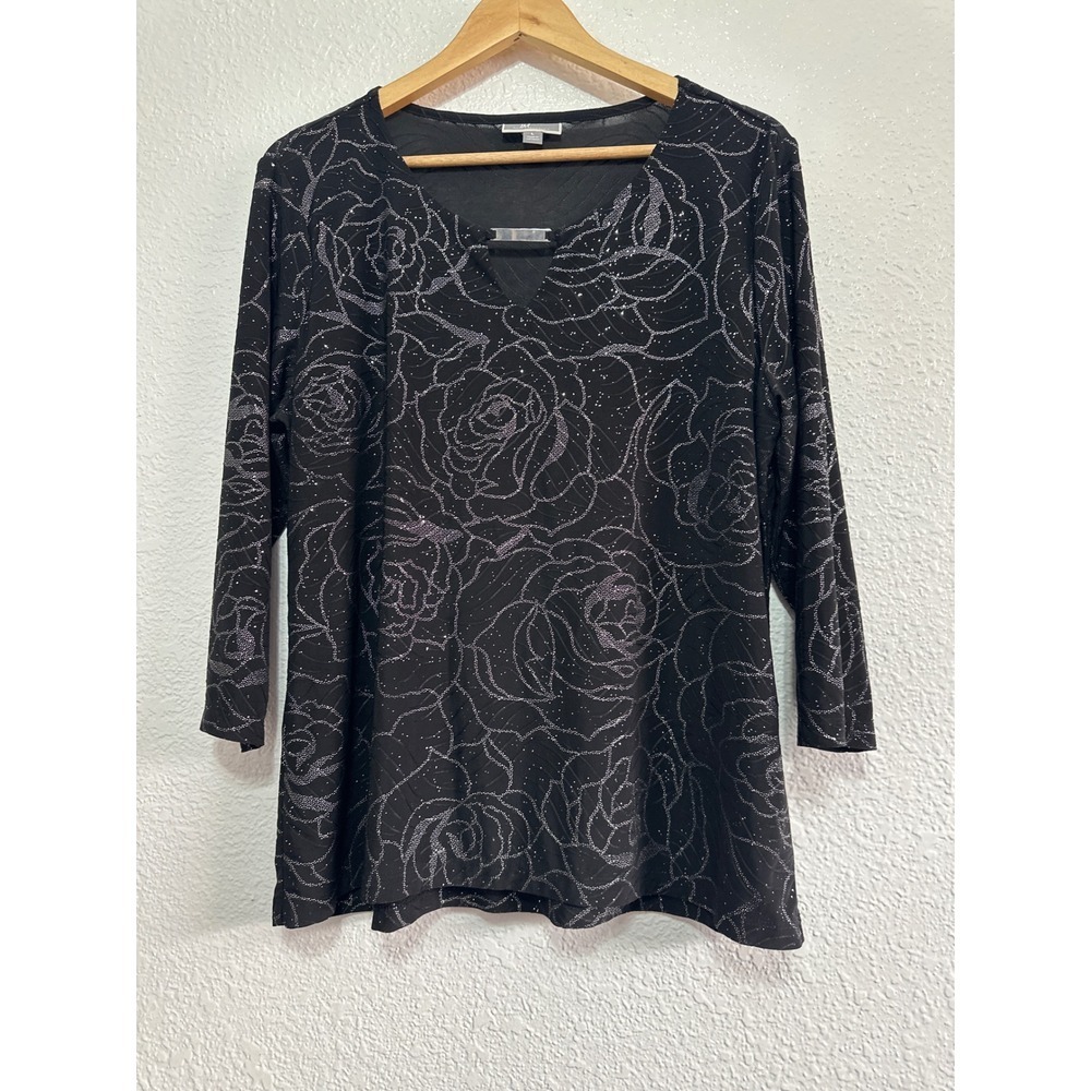 JM Collection Womens Black Silver Glitter Rose V-Neck 3/4 Sleeve Blouse Large